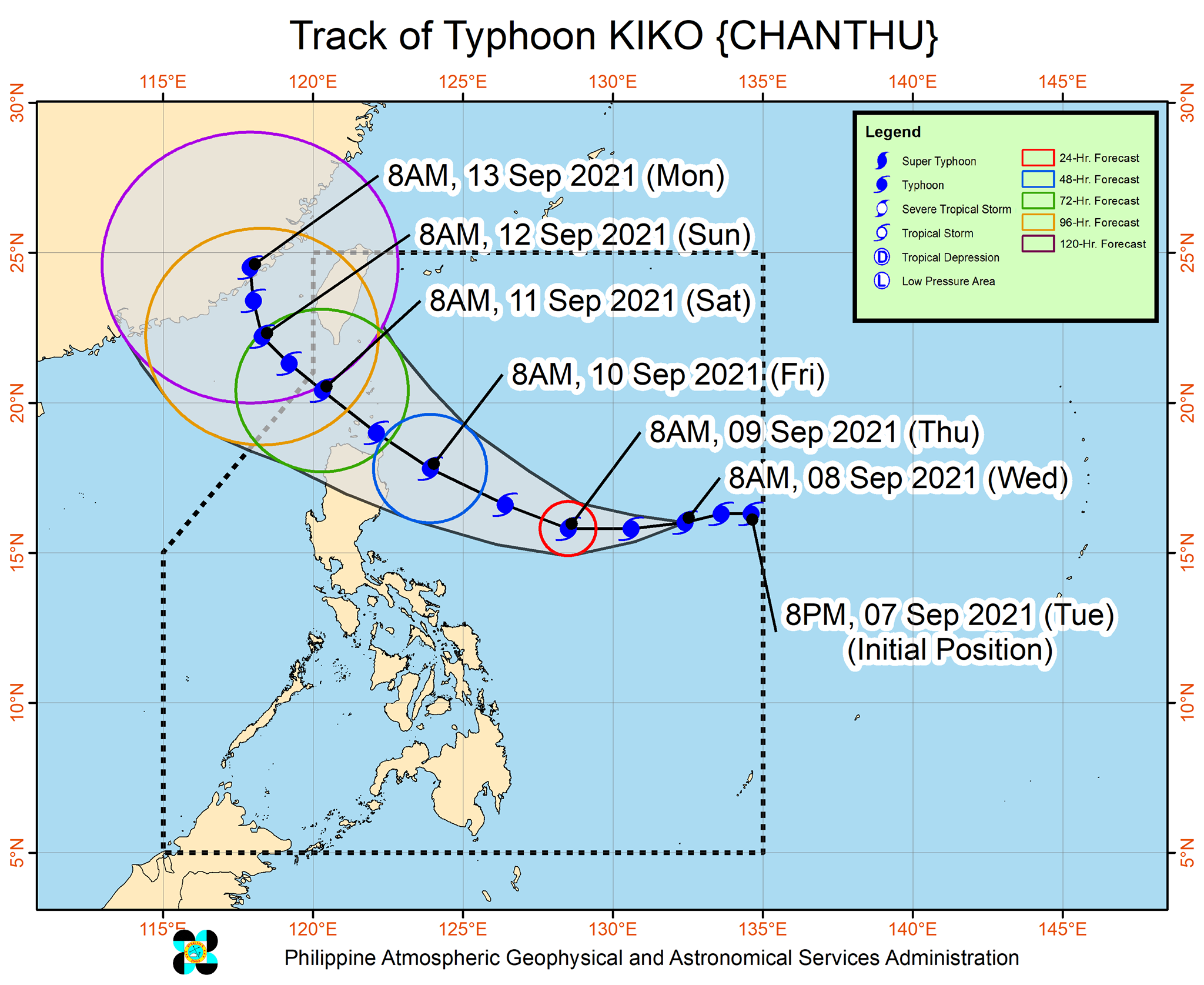 Track of Typhoon KIKO [CHANTHU]. (Photo / Provided by the Philippine Atmospheric Geophysical and Astronomical Services Administration PAGASA)